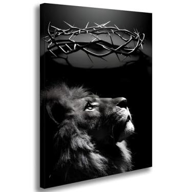 Imagem de Quadro decoração leão de judá quadro decorativo grande tela canva 85x60 armação de madeira preto e branco arte cristã