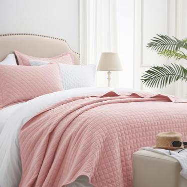 Imagem de SunStyle Home Jogo de cama king rosa, colcha leve de verão, colcha king size, colcha acolchoada de luxo durável com 2 fronhas em padrão de diamante para todas as estações, 3 peças