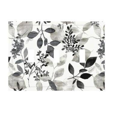 Imagem de Ujkrvesj Branco cinza folha de eucalipto 3 gangues capas decorativas para interruptor de luz decorativa floral placas de parede elétrica placa frontal para quarto, banheiro, casa