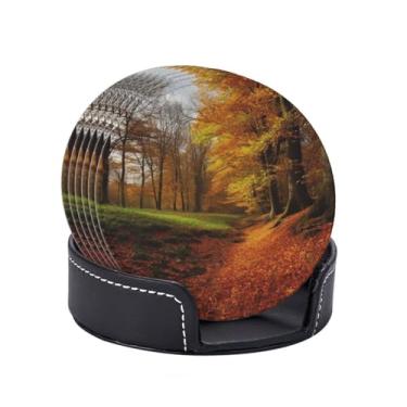 Imagem de Porta-copos para bebidas porta-copos de couro absorvente com suporte conjunto de 6 porta-copos engraçados de outono floresta tapete de copo para bebidas para mesa de café, xícara de mesa, bar