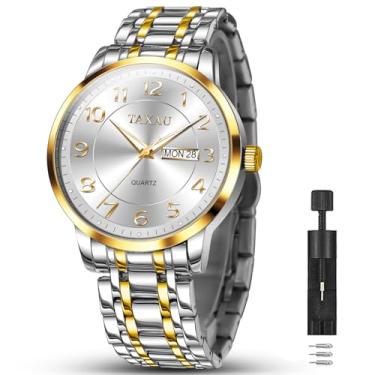 Imagem de Taxau Relógio masculino prata com mostrador grande e luxuoso, à prova d'água, analógico, quartzo, masculino, aço inoxidável, com mostrador luminoso e número romano, Ouro Prata - G8405, round