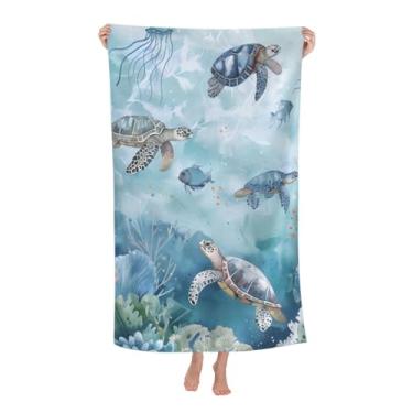 Imagem de VODRM Toalha de praia de tartaruga marinha, 81 x 132 cm, microfibra de secagem rápida, recifes de corais, vida oceânica, macia, leve, grande, sem areia, para viagem, piscina, natação, academia
