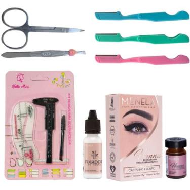 Imagem de kit henna menela sobrancelha designer profissional pincel duplo navalh