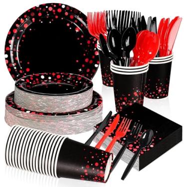 Imagem de Grencian 168 peças de decorações de festa preto e vermelho, ponto vermelho em pratos pretos, guardanapos, copos, garfos, facas, colheres, utensílios de mesa de papel descartáveis para formatura