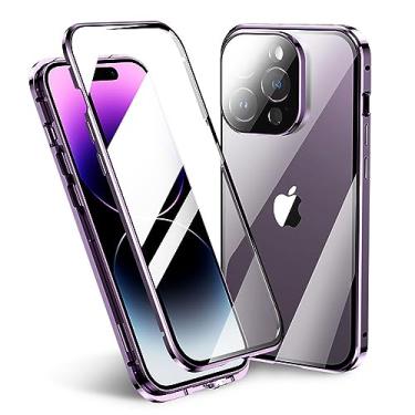 Imagem de KMXDD Capa magnética bloqueável para iPhone 15 Plus com trava de segurança, protetor de tela de câmera protetor de lente de vidro dupla face 360° capa transparente (roxo escuro)