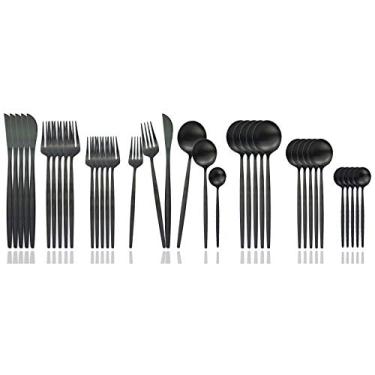 Imagem de JASHII Conjunto de talheres de aço inoxidável de grau alimentício, 36 peças, garfo, colher, facas para uso diário e festa, serviço para 6 pessoas antiferrugem, seguro para lava-louças (preto fosco)