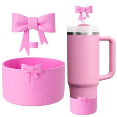 Imagem de Oddyami Conjunto de acessórios de copo para Stanley, incluindo 1 peça de tampas de cobertura de canudo de laço fofo de 10 mm, 1 capa de bota de silicone para Stanley Quencher H2.0 Tumbler com alça 30