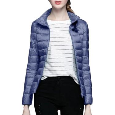 Imagem de Jaquetas Compactáveis Para Mulheres Inverno, Jaquetas Acolchoadas Jaquetas Femininas De Cor Sólida Com Colarinho Fino Ultra Sem Chapéu E Bolsa De Armazenamento, Dark Blue, 4XL