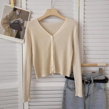 Imagem de Crop Cardigans De Malha Mulheres Slim Manga Comprida Decote Em V Botão Up Casual Soft Chic Básico Jumpers Moda Camisola, Apricot, One Size