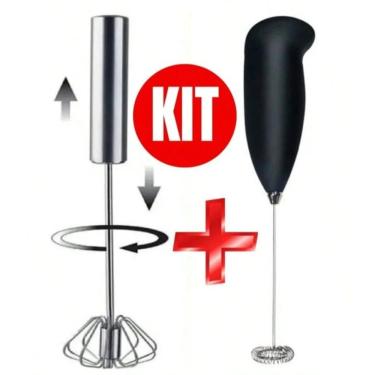 Imagem de Kit Mini Mixer Elétrico Misturador Bebidas + Batedor de Ovos Misturador Giratório Inox Semi Automático