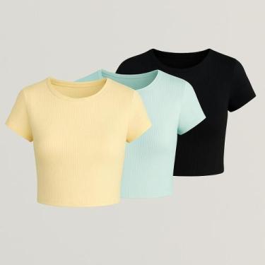 Imagem de Kit 3 Blusas Cropped Canelada Juvenil - Cacharrel Store, 10, Amarelo, 