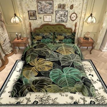 Imagem de Manfei Conjunto de edredom Queen com folhas de palmeira, planta botânica tropical havaiana, 3 peças, para adolescentes e adultos, edredom de plumas verde e preto, 2 fronhas