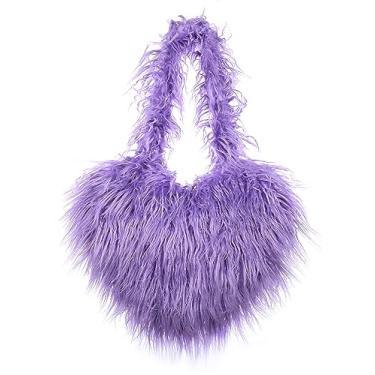 Imagem de Bolsa de ombro feminina de pele sintética de lã retrô bolsa de ombro fofa bolsa transversal bolsa de cor sólida em forma de amor, Roxa