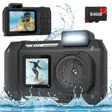 Imagem de Câmera subaquática 4K de 8 m, câmera impermeável de 48 MP com cartão de 64 G, resistente, à prova de poeira, à prova de choque para mergulho com snorkel, câmera digital de selfie com foco automático