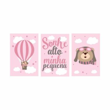 Imagem de Kit 03 Quadros 30x20 Quarto de Bebê  - Rosa - Sem mold. - Fixa Persona