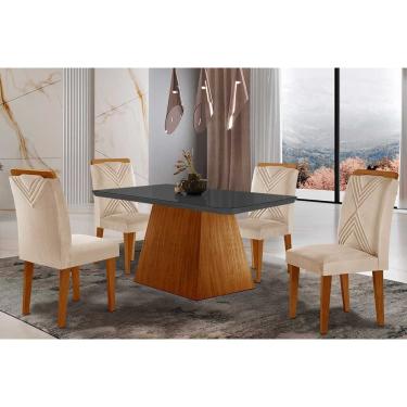 Imagem de Sala de Jantar Completa Luna Tampo Madeirado c/ Vidro Canto Reto 120x80 e 4 Cadeiras Amsterdã Imbuia/Suede Creme - Rufato