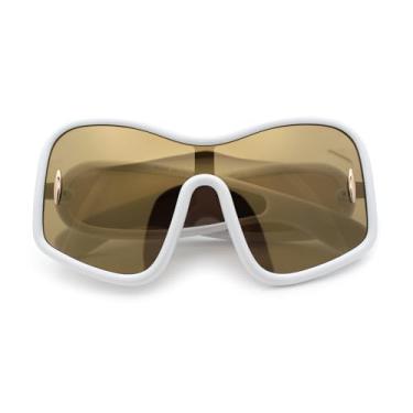 Imagem de Óculos de sol feminino GG extragrande com lentes espelhadas exclusivas para braço e borboleta, Branco - Espelhado dourado, 5 15/16" (150mm) x 2 7/8" (74mm)