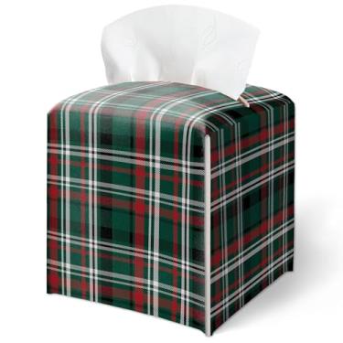 Imagem de Capa de caixa de lenços tartã de Natal verde, capa de caixa de lenços xadrez de inverno quadrada à prova d'água, decoração de mesa para sala de estar, quarto, escritório, decoração de casa estética