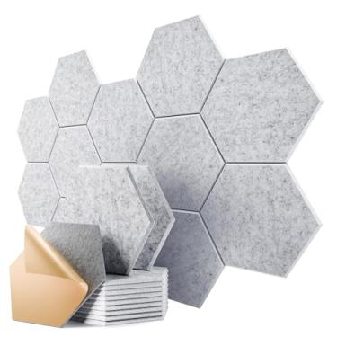 Imagem de Dailycooper Pacote com 12 painéis acústicos autoadesivos 30,5 x 25,4 cm x 1 cm - Painéis de espuma à prova de som para paredes, design hexagonal, alta densidade, absorve ruído e elimina ecos (cinza