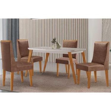 Imagem de Conjunto Sala de Jantar Havana c/ Tampo Madeirado c/ Vidro Canto Curvo 120x80cm e 4 Cadeiras Dakota Madeira Maciça Naturale/Off White - Capuccino/Cora