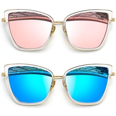 Imagem de Óculos de Sol Feminino Olho de Gato Joopin Vintage Armação de Metal Óculos Lente Espelhada Proteção UV 400 (Rosa + Azul)