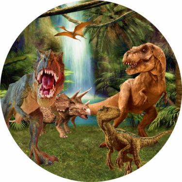 Imagem de Painel de Lona Redondo Dinossauros Reunidos Cachoeira Aquarela - Fabri