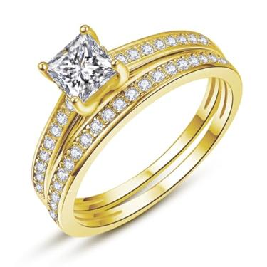 Imagem de AVECON Conjunto de alianças de casamento de prata esterlina 925 com corte princesa de 1,35 ct para mulheres com zircônia cúbica tamanho 5-10, 7, Banhado a ouro amarelo, Zircônia cúbica
