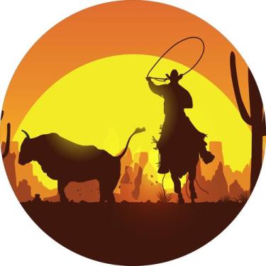 Imagem de Painel de Tecido Sublimado Redondo Cowboy Faroeste Por Do Sol Touro c/