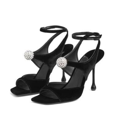 Imagem de Kapxumo Sandálias femininas de veludo de salto alto com strass cristal quadrado bico aberto tira no tornozelo fivela salto agulha sapatos vestidos de festa de casamento, Preto, 38