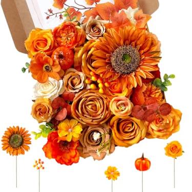 Imagem de Jspupifip Conjunto de flores artificiais amarelas laranja e rosas de seda falsas com hastes arranjo de hortênsia e peônia para chá de panela, boho, faça você mesmo, bolo de casamento, flores brancas