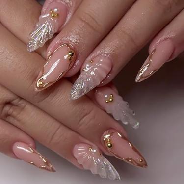 Imagem de RUOKEXIN Unhas postiças de comprimento médio com glitter ombré, unhas postiças com desenhos 3D, unhas artificiais brilhantes, cola acrílica, 24 peças