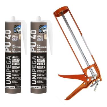 Imagem de Kit 2 Selante PU40 Unipega Branco 400g Vedação + Aplicador de Silicone Construção Profissional Veda Cola