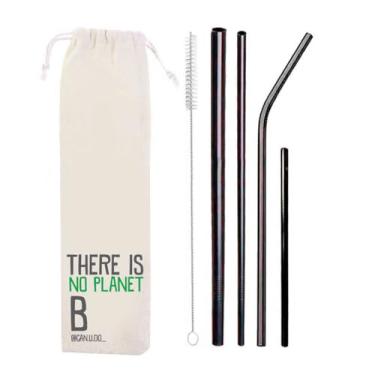 Imagem de Kit 6 em 1-4 Canudos de Inox + Escova + Ecobag (Shake 8mm) Preto - Planet B