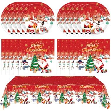 Imagem de SNIMICS 41 peças de decorações de festa de Natal, decorações de mesa de Natal, conjunto de utensílios de mesa de Natal inclui pratos de papel descartáveis, guardanapos e toalha de mesa, festa de Natal