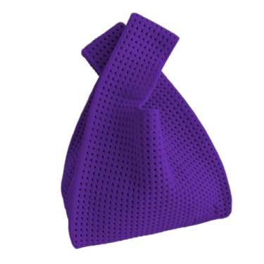 Imagem de Anopo Bolsa pequena de nó para mulheres, mini bolsa de crochê, bolsa de mão de malha sólida para viagens de praia diariamente, Roxo vazado, One Size