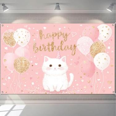 Imagem de HOMETITUTE Faixa de feliz aniversário de gato fofo com balões rosa e estrelas douradas com glitter para festa de aniversário de meninas, cenário interno e externo, 189 x 109 cm