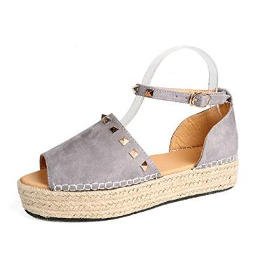 Imagem de Bigfanshu Sandálias femininas de verão com fivela no tornozelo peep toe sandálias femininas plataforma plataforma sapatos femininos leve fundo grosso plus size, Cinza, 40 BR