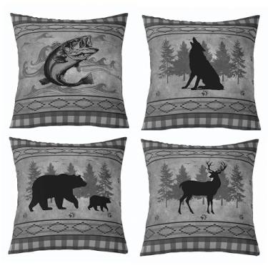 Imagem de Feelyou Capas de almofada de urso 50,8 cm x 50,8 cm conjunto de 4 capas de almofada de peixe rústico macio decoração veado fronha Farmhuse lobo cinza interno externo