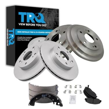 Imagem de TRQ Pastilha e rotor de freio dianteiro e traseiro, kit de sapata e tambor semi-metálico revestido com G premium compatível com Honda Civic 2006-2011