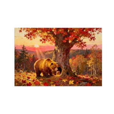 Imagem de Quadro parede outono-Urso árvore floresta Impressões em tela paisagens-Pintura animais para sala estar decoração fazenda 20x30cm Sem Moldura