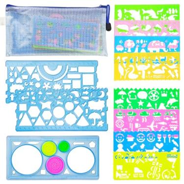 Imagem de 11 peças de modelo de pintura de arte colorida azul para desenhar modelos de desenhos geométricos com bolsa, estênceis de curva espiral, réguas para crianças, estênceis de desenho para crianças em