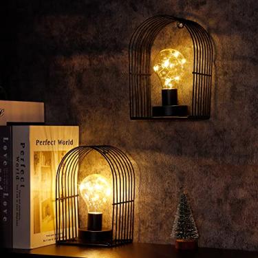 Imagem de JHY DESIGN Conjunto de 2 candeeiros de mesa operados por bateria 18 cm H Arandela de parede vintage gaiola de metal para pendurar na parede sem fio com temporizador de 6 horas para sala de casa
