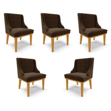 Imagem de Kit 5 Cadeiras Decorativas Sala De Jantar Base Fixa De Madeira Firenze Suede Marrom/castanho