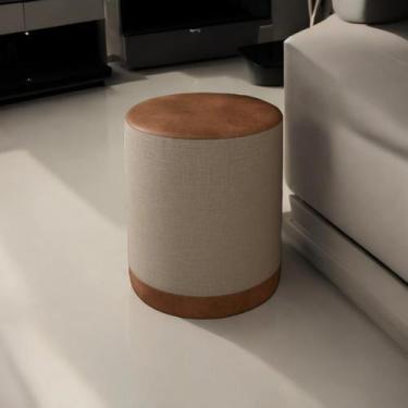 Imagem de PUFF Closet Penteadeira Banqueta Redonda LINHO BEGE ASSENTO EM COURO C