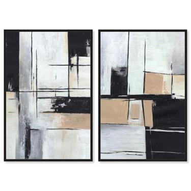 Imagem de Conjunto de 2 painéis de geometria neutra de luxo arte de parede impressa por Art Remedy, moldura preta, 50 x 76 cm