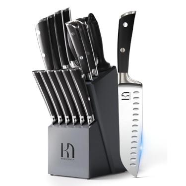 Imagem de KnifeSaga Conjunto de facas premium com 15 peças, conjunto de facas de cozinha de qualidade com bloco, conjunto japonês de bloco de facas afiadas de aço inoxidável de alto carbono, conjunto de facas