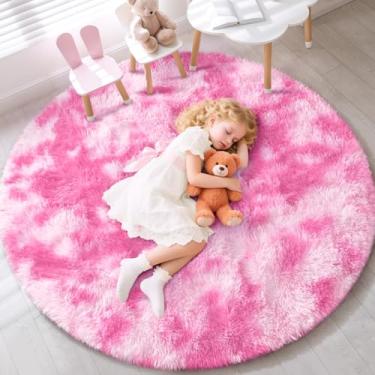 Imagem de EVOIONOS Tapete redondo rosa tingido com laço para quarto, 1,5 x 1,5 m, tapetes macios e macios para sala de estar, tapete circular felpudo de pelúcia, piso interno, cabeceira, berçário, lavável à