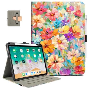 Imagem de Vimorco Capa de couro para iPad Air 4th/5th 10.9, para iPad Air 11 6th M2, para iPad Pro 11 polegadas 4ª/3ª/2ª/1ª geração, suporte de lápis, alça e bolso, protetor de vários suportes, flores de