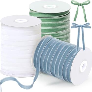 Imagem de Chuangdi Carretel de fita de veludo com 3 rolos de fita larga de face única 150 metros fita de veludo vintage para embrulho de presente, decoração de Natal (9,5 cm x 50 metros, azul empoeirado marfim