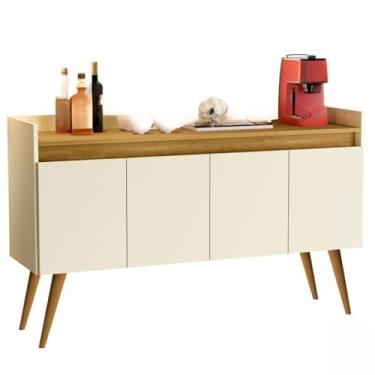 Imagem de Aparador Buffet Retrô com Pés de Madeira Maciça 3 ou 4 Portas Prateleira Organizadora para Sala e Entrada(Luxo 4 Off White Com Madeirado)